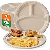 ECOLipak 125 Pack Compostable 3 Compartment Plates, 8.85 inch Heavy-Duty Disposable Paper Plates, Eco-Friendly Biodegradable Sugarcane Bagasse Divided Plate for Dinner