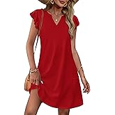 OFEEFAN Spring Summer Dresses for Women 2026 Casual Ruffle Sleeve V Neck Loose Swing Sundresses with Pockets Plain/Print