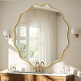 VooBang Gold Scalloped Large Circle Mirror, 42" Wavy Edge Round Wall Mirror with Tempered Glass Textured Circular Metal Deep Frame, Hanging Leaning for Bathroom, Hallway, Entryway, Livng Room