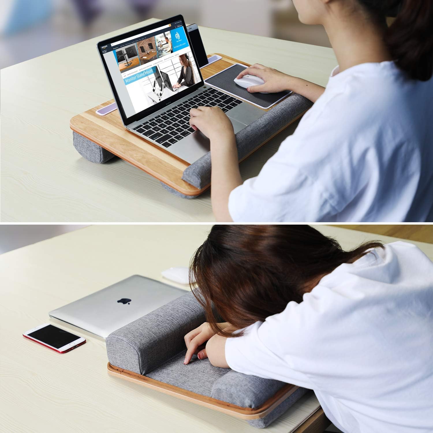Lap Desk - Fits up to 17 inches Laptop Desk, Built in Mouse Pad & Wrist Pad for Notebook, MacBook, Tablet, Laptop Stand with Tablet, Pen & Phone Holder (Wood Grain) : Office Products