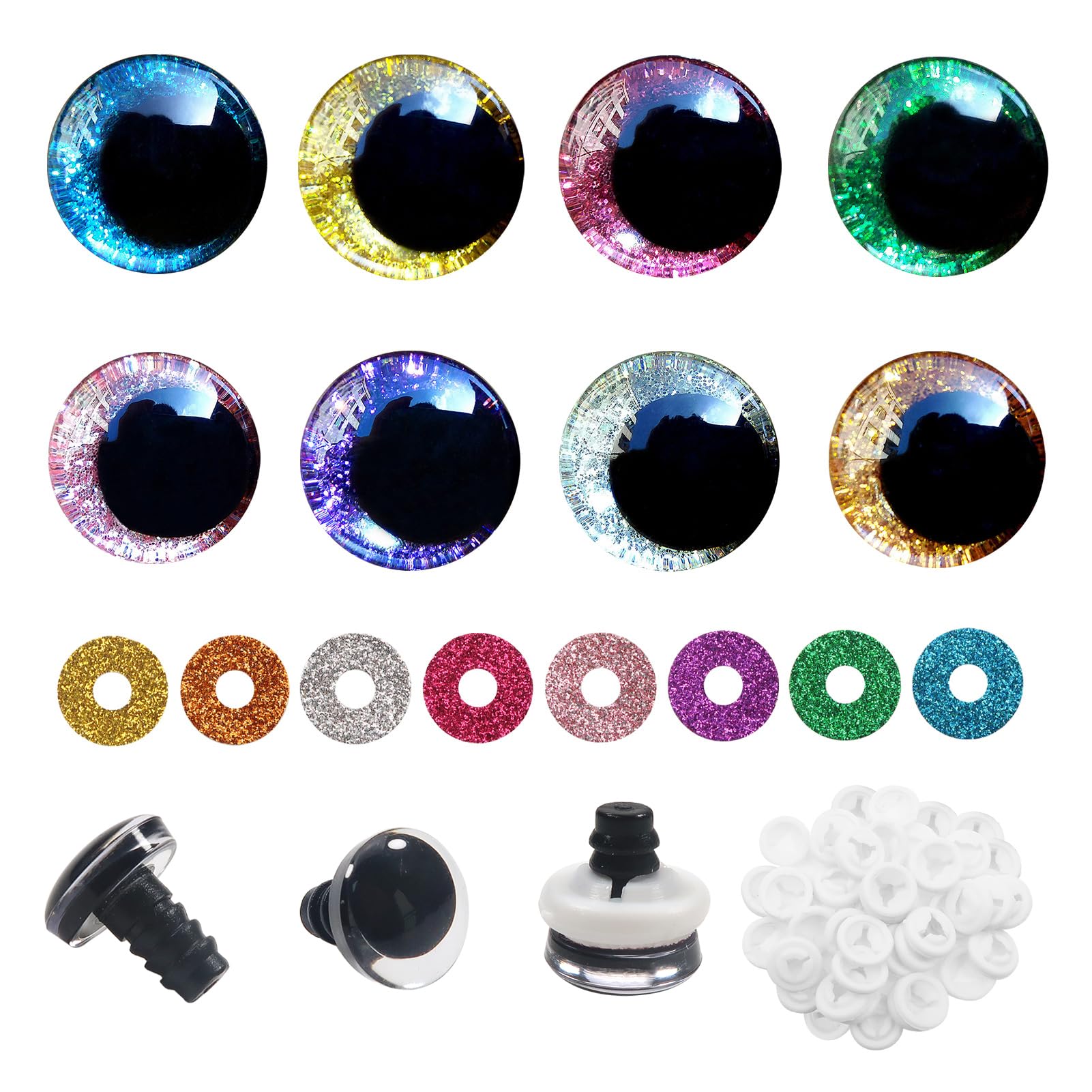 TOAOB 64 Sets 14mm Glitter Safety Eyes Doll Eyes Animals Eyes Plastic Craft Eyes Glitter Colourful Eyes with Washers for Crochet Animals Puppet Making