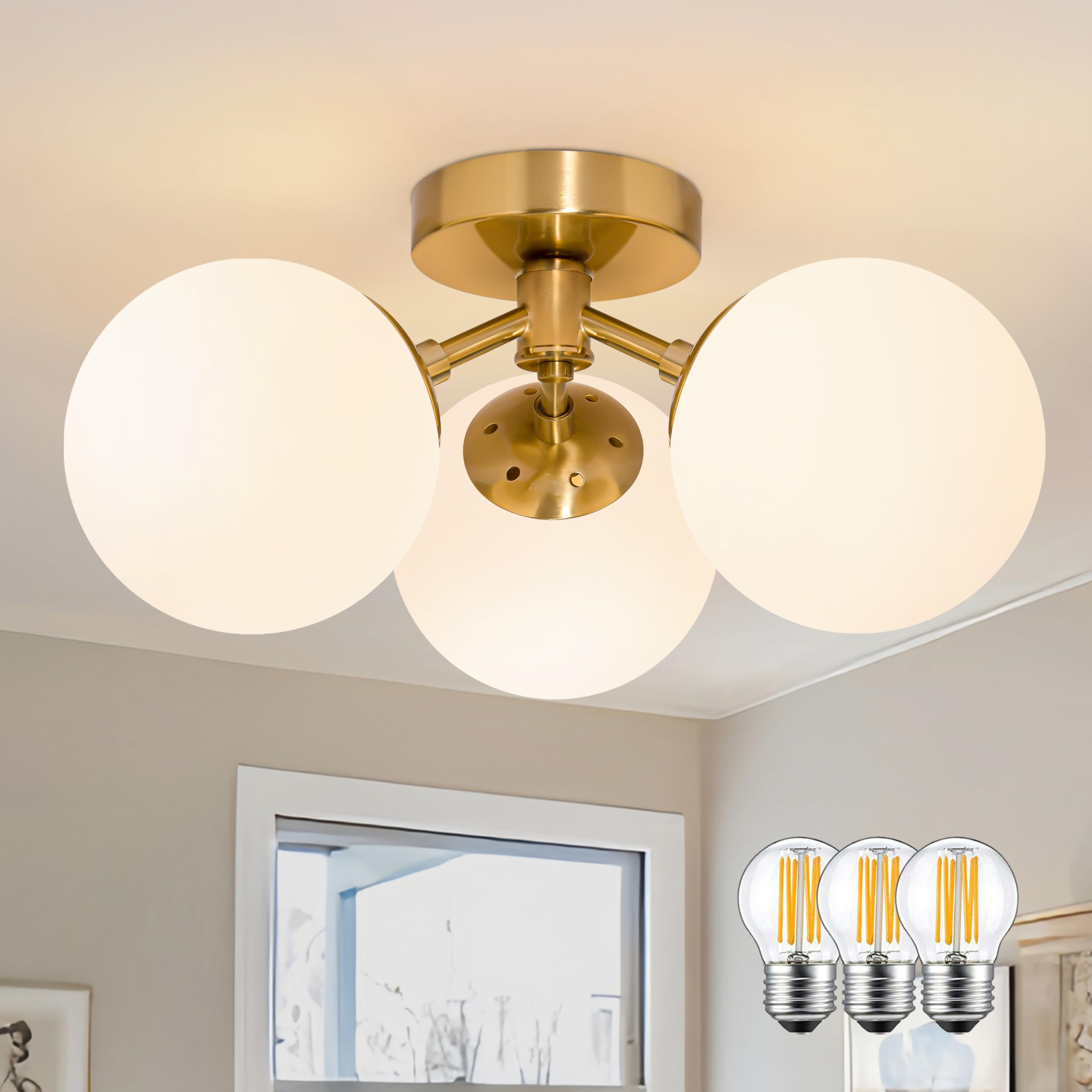 Photo 1 of Bagood 3 Light Mid Century Modern Gold Globe semi Flush Mount Ceiling Brass Chandelier 3-Light Milk Glass Globe Lights Sputnik Ceiling Light Fixture for Bedroom Living Room Hallway