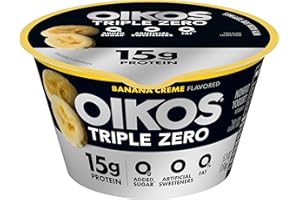 Oikos Triple Zero Banana Creme Nonfat Greek Yogurt, 0% Fat, 0g Added Sugar and 0 Artificial Sweeteners, Just Delicious High Protein Yogurt, 5.3 OZ Cup
