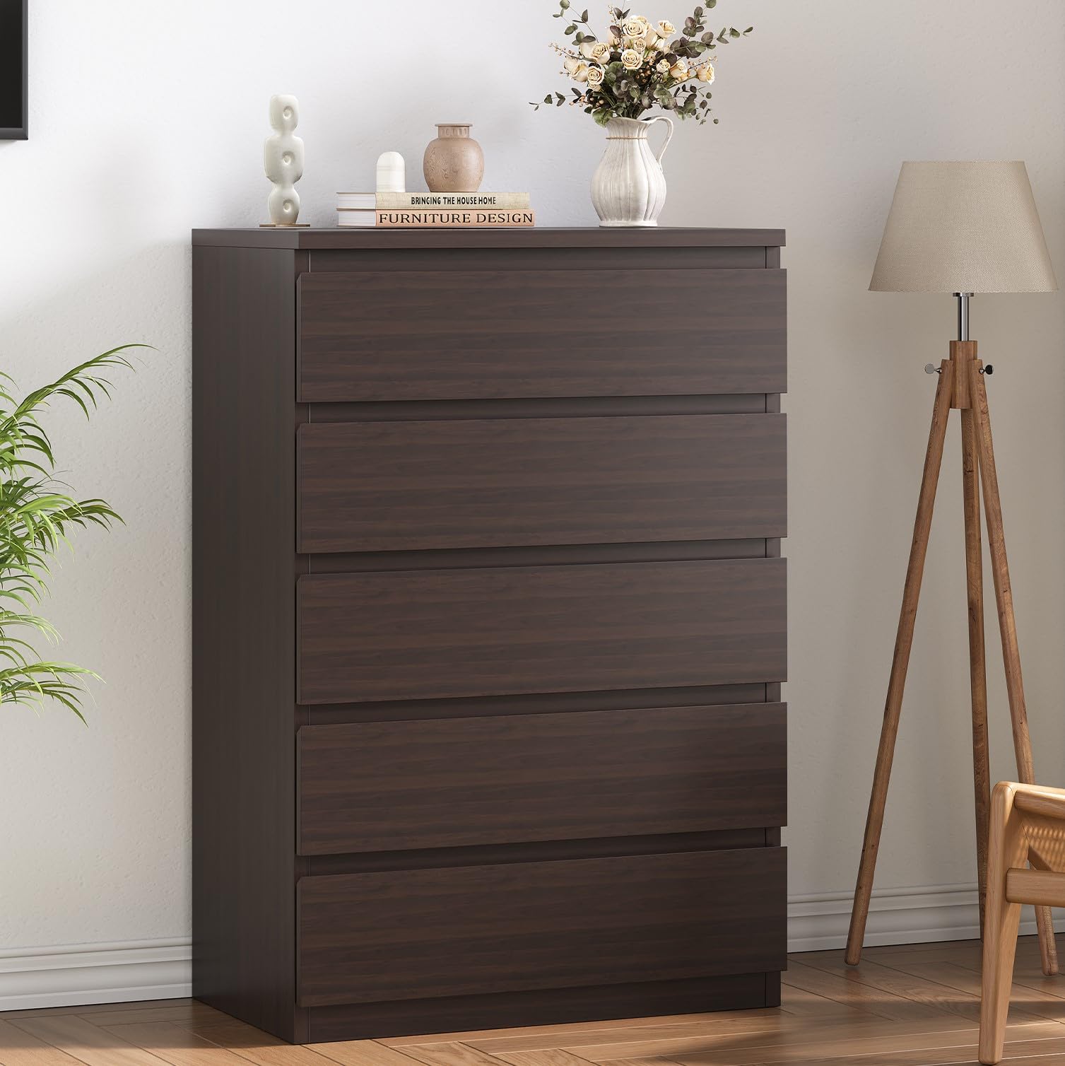 Photo 1 of Jocoevol Modern Brown 5 Drawer Dresser for Bedroom, Simply Chest of Drawers, Wood Storage Dresser with Deep Drawers for Living Room Hallway Entryway, Brown