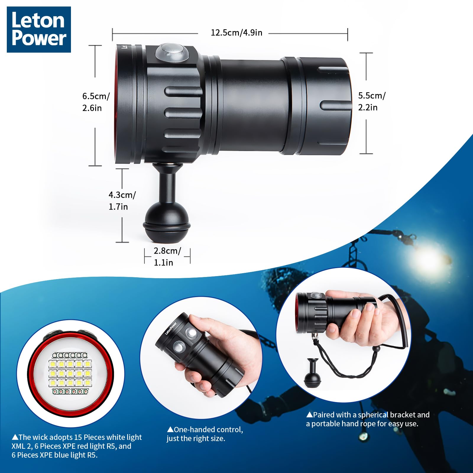 LetonPower B15 Dive Light Underwater Flashlight 8000Lumens Underwater Video Lights 80m Scuba Dive Light Diving Flashlight for Under Water Sports,Underwater Video Shooting and Photography