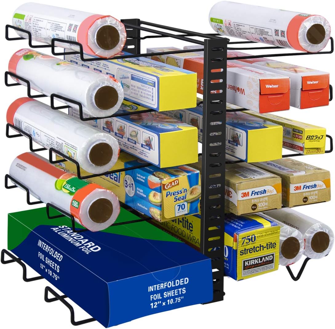Wrap Organizer Rack Verstellbarer Wrap Stand Mit 10 Drahthalterung Multifunktionaler Wrap Box Organizer Fur Kuche Schranke Speisekammer Schwarz Patent Angemeldet Amazon De Kuche Haushalt