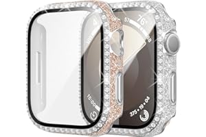 CUTEEY 2 Pack Bling Case for Apple Watch SE 2 Series 6/5/4 SE Tempered Glass Screen Protector 40mm, Full rhinestone Diamond Hard PC Cover for iWatch Accessories,Rose+Silver