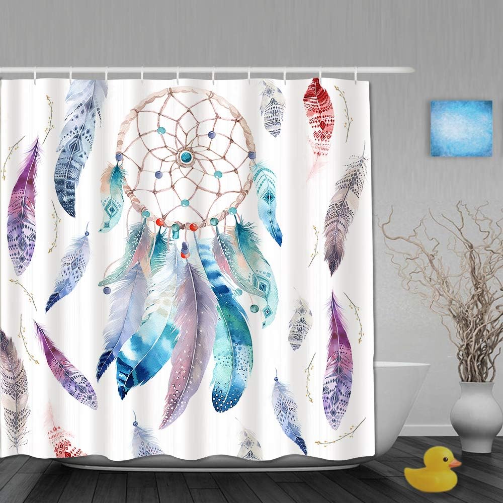 OPQRSTQ-O Cortina de baño Repelente al Agua,Atrapasueños Acuarela Pluma