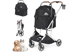 Beberoad Pets T3 Pro 3-in-1 Small Pet Stroller for Dog & Cats, 4 Wheels with Detachable Carrier with Pad, Canopy and Cup Holder (Black)