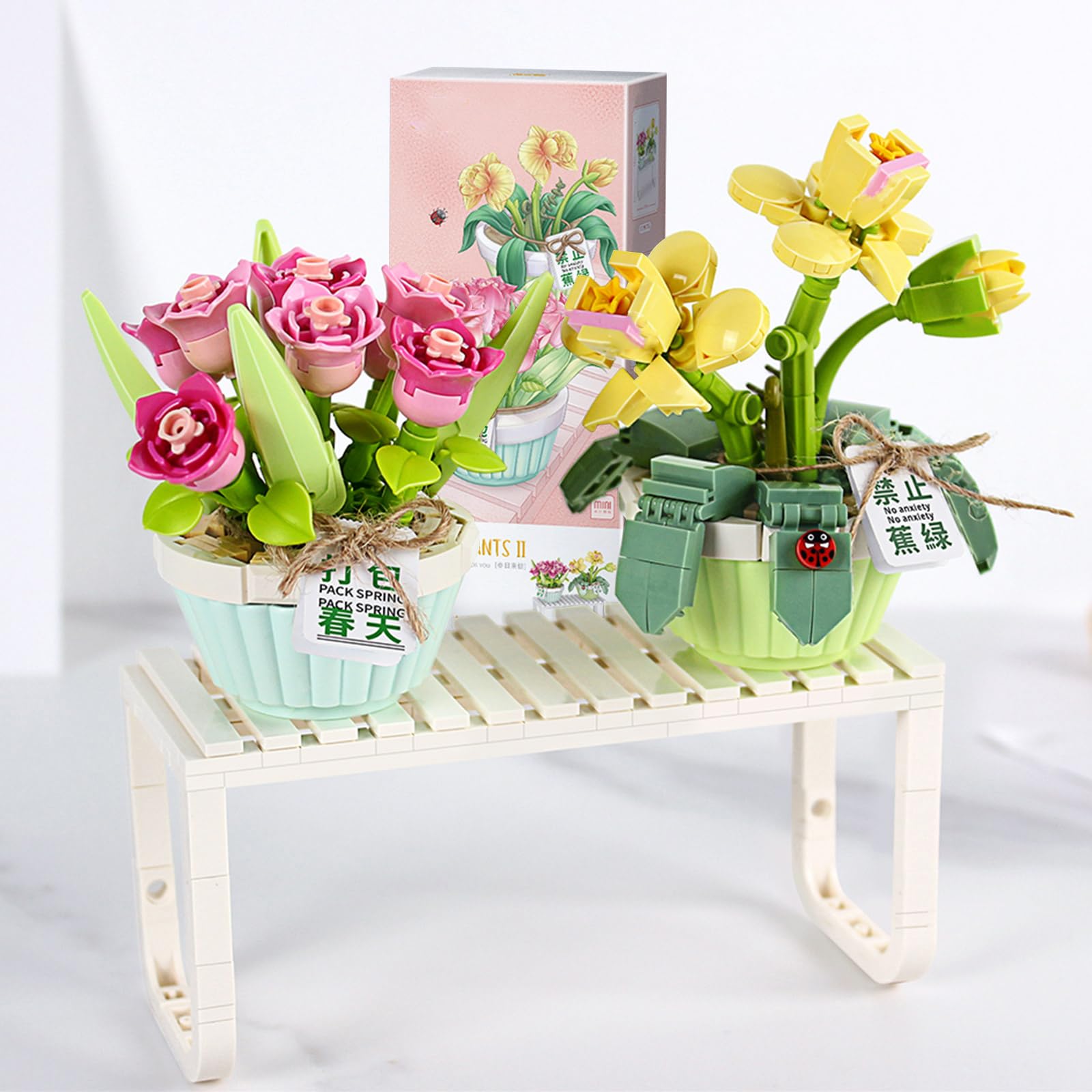 MEIEST Mini Building Blocks Bonsai Plant Model Set,2 in 1 Creative DIY Simulation Particle Flower Succulent Botanical Collection Construction Building Bricks Toy,Home Decor (Spring)