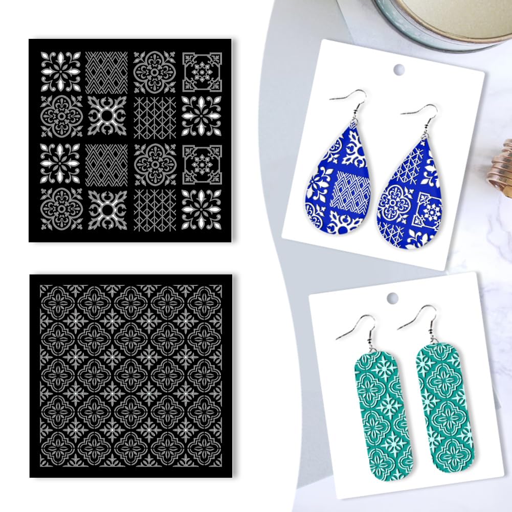 BENECREAT 2Pcs Polymer Clay Texture Sheets, Square Clay Stamps, Floral Clay Texture Mat Acrylic Embossing Tools for Polymer Clay Earrings Jewelry Making, 10x10cm