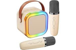Irosiy Portable Karaoke Machine with Dual Microphones, Hi-Fi Bluetooth Speaker with Colorful Lights, Supports TF Card, USB, AUX, Mini Size for Travel, Parties, and Outdoor Use (Beige)