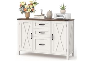 Vabches File Cabinet with 3 Drawers, Farmhouse Lateral File Cabinet Fits Files Letter/A4 Size, Wooden Filing Cabinet with Door and Adjustable Shelves Printer Stand for Home Office, Rustic White