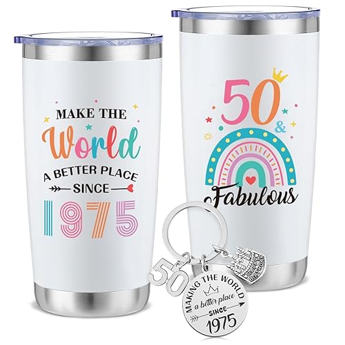 saerryor 50th Birthday Gifts for Women Men,White 20oz Insulated Tumbler with Keyring, 50th Birthday Gifts for Him,50 Year Old Present for Mum Wife Dad Husband Teachers Friends