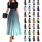 Summer Maxi Dresses for Women 2025 Tiered Empire Waist Dress with Belt Patchwork Tie Dye Short Sleeve Beach Sundresses