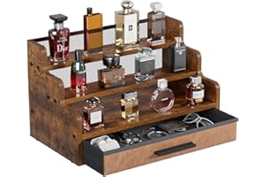 3 Tier Cologne Stand with Drawer, Wooden Cologne Organizer for Men, Retro Perfume Stand Organizers, Display Riser Shelf Holde