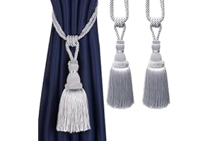BEL AVENIR 2 Pack Curtain Tiebacks Tassel Drapery Tie-Backs Rope Handmade Holdbacks Home Office Hotel Decorative (Silver)