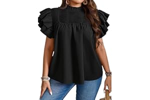 Falechay Womens Summer Tops Plus Size Ruffle Sleeve Blouses Dressy Casual Mock Neck Pleated Tunic Loose Fit Shirts