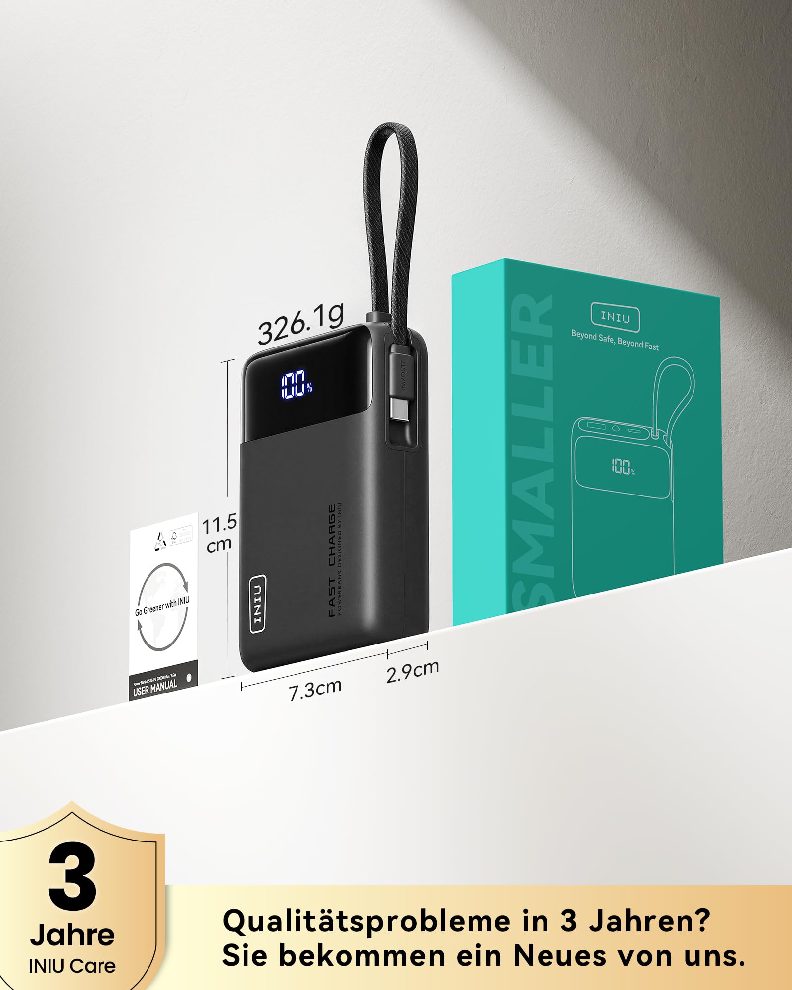 INIU 45W Power Bank, Ultra Klein 20000mAh Powerbank mit Integriertem USB C Kabel, Schnellladen Externe Handyakkus, Flugzeug Geeignet, Reise-Essential für iPhone 17 16 15, Samsung S22, Xiaomi, iPad etc 7