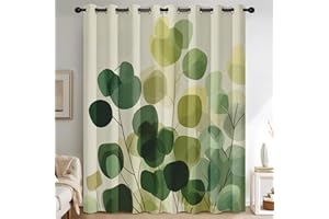 Green Eucalyptus Leaves Curtains Blackout for Living Room Bedroom, Green Leaf Curtains 90 Inch Length 2 Panels Set, Thermal I