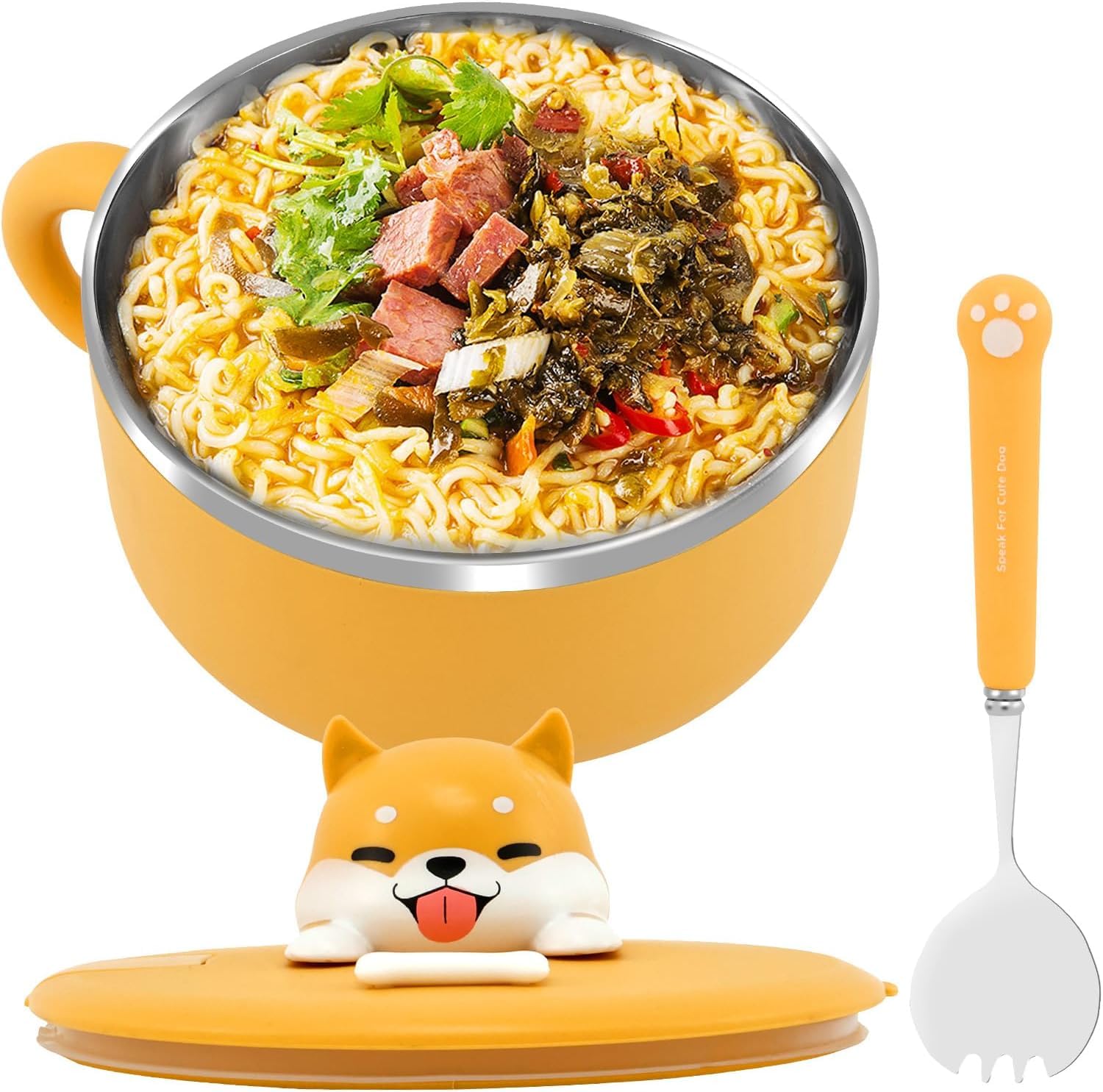 Ramen Bowl with Lid and Spork 1200ml Stainless Steel Noodle Bowl Heat Resistant Instant Soup Bowl with Handles Dustproof Pasta Salad Bowl for Dorm Office (Yellow)