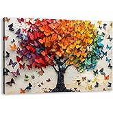 Colorful Butterfly Canvas Wall Art Print, Butterfly Tree Poster Wall Decor Painting, Tree of Life Picture for Wall Living Room Bathroom Bedroom Home Decoration 16 * 24 in Framed