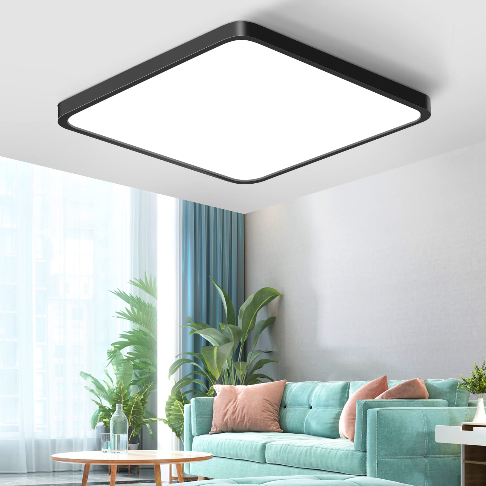 12in/30cm 24W Square LED Flush Mount Ceiling Light, 5000K Daylight White Bathroom Light, 3200LM, Black Flat Ceiling Lights, 240W Equivalent Ceiling Lamp for Closets, Kitchens, Hallway, Bedrooms, etc.