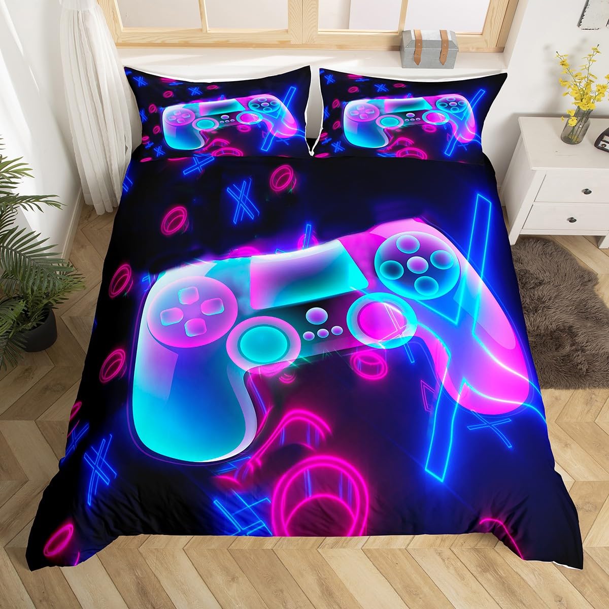 Player Print Beds Set Games Video Game Bedding Set King Gamepad Hexagon Game Icon Duvet Cover Set for Kids Children Boys Girls Microfiber Room Décor