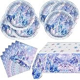 41pcs Winter Snowflake Plates and Napkins Tablecloth Set, Blue and Purple Snowflake Winter Wonderland Tableware for Winter Holiday New Year Birthday Party Supplies