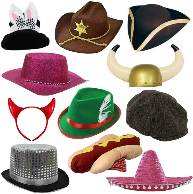 PACK OF 11 PARTY PHOTO BOOTH PROP HATS. NOVELTY FANCY DRESS HEADWEAR