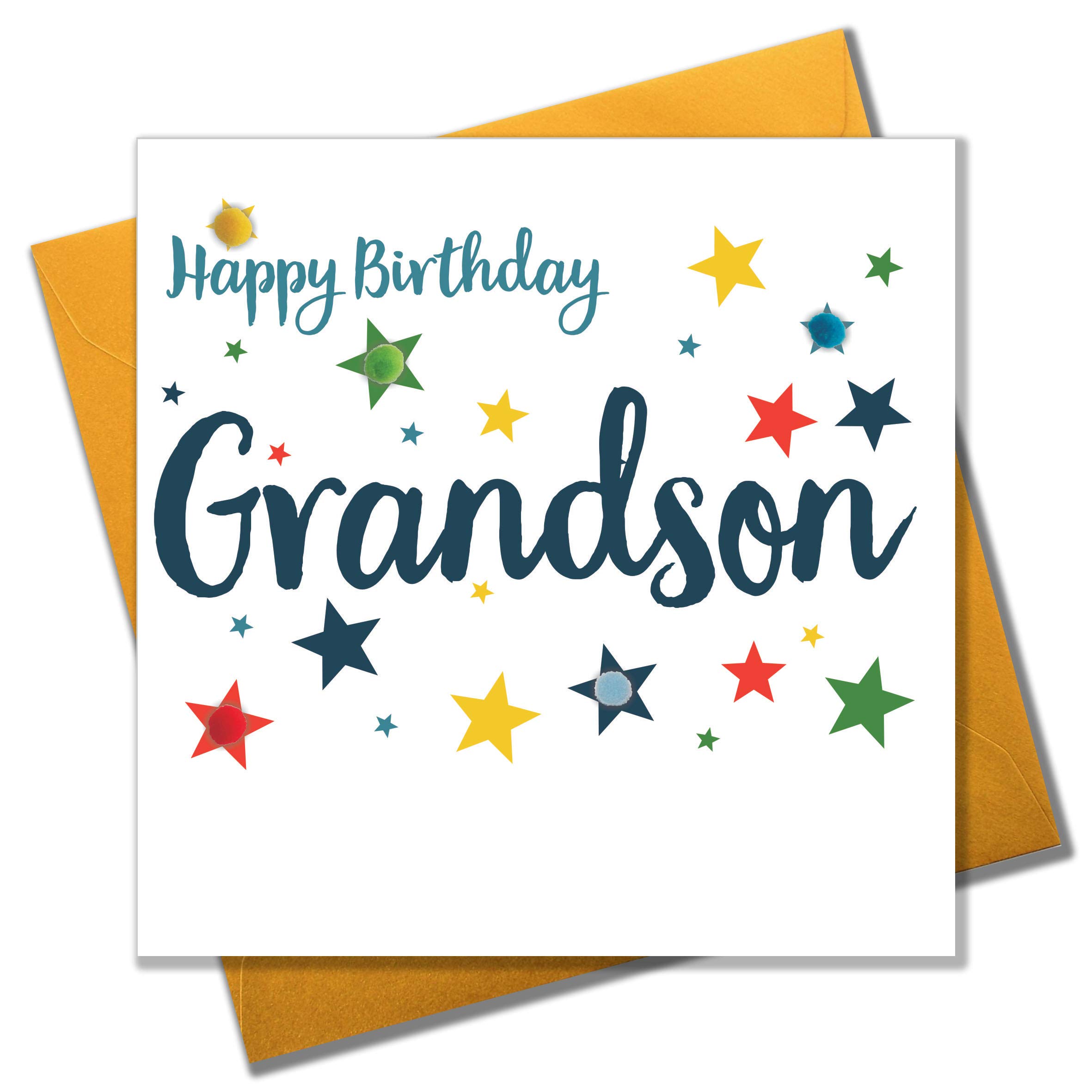 Claire Giles Greeting Cards, Happy Birthday Grandson Card, Stars design Birthday Greeting Card, Embellished with colourful Pompoms