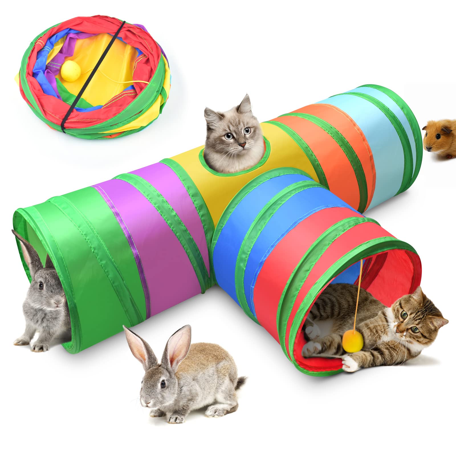 ERKOON 3 Way Cat Tunnel, Collapsible Pop Up Rabbit Tunnel With Funny Pompon Hideout Tube for Kitten,Guinea Pigs (Rainbow, 25CM)