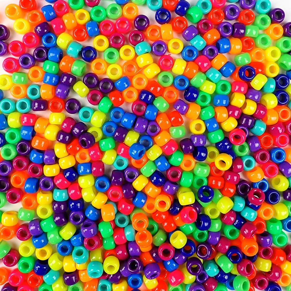 Vivid Neon Bold Mix Pony Beads, Made in The USA, 6 x 9mm, Colored Plastic Craft Beads for Bracelets, Arts Crafts, Hair braiding, Jewelry, Decorations Accessories, Bulk 500 Beads