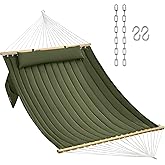 CHULIM Double Quilted Hammock with Hardwood Spreader Bars and Pillow | 2 Person Outdoor Hammock, Padded Polyester Fabric, 78.7" x 55", 450 lb Capacity, Patio, Porch, Garden, Backyard, Green