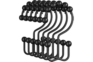 Amazer Shower Curtain Rings - Rust-Resistant Metal Double Hooks for Rolling Curtains - Matte Black, Set of 12 for Bathroom Sh