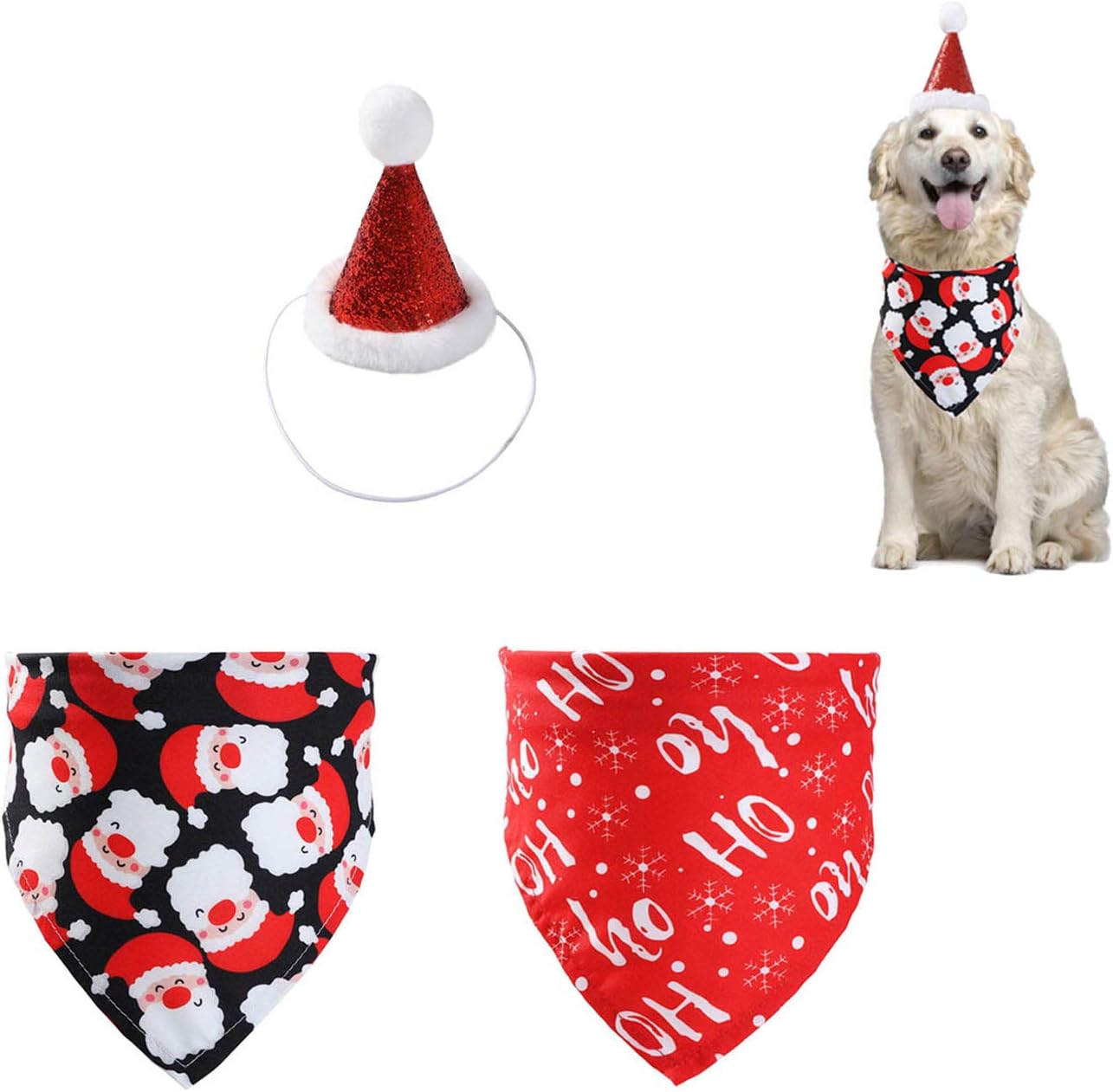 SUOXU Dog Christmas Bandana, Triangle Cotton Dog Scarf With Cute Doggie Christmas Festive Party Hat,3-Piece Outfit