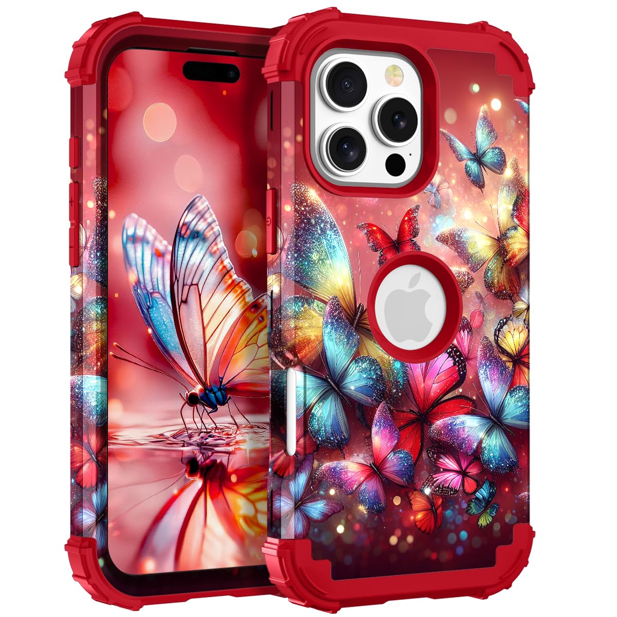 Hocase for iPhone 16 Pro Max Case, Heavy Duty Shockproof Protection Soft Silicone Rubber+Hard Plastic Bumpers Hybrid Protective Case for iPhone 16 Pro Max 2024 - Shimmering Butterflies in Red