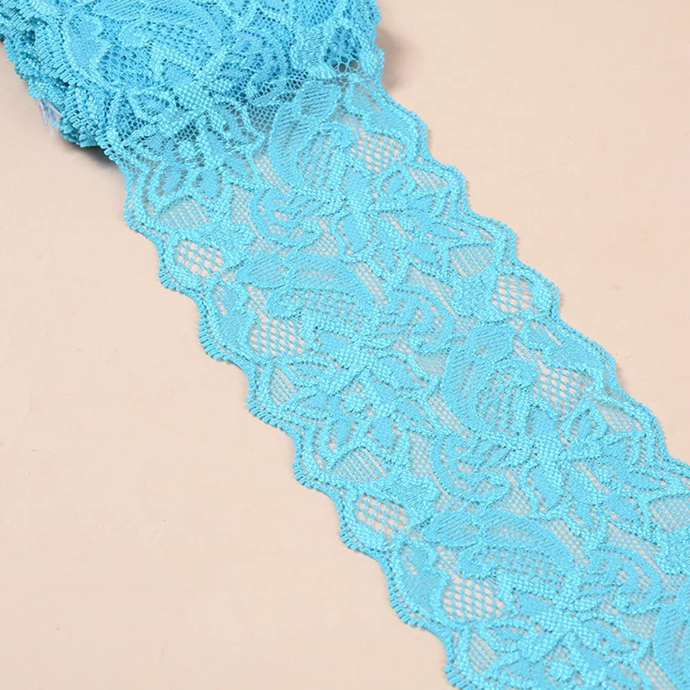 3 Yards Elasticity Lace Border Lace Ribbon, 8 cm Wide Colourful Lace Flowers Border Decorative Ribbon Lace Fabric Lace Trim for Sewing DIY Craft Clothing Underwear Blue Lake