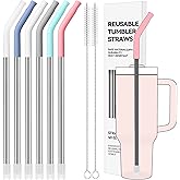 Soledea 6 Pcs Metal Reusable Straws for 40 oz Tumbler, Stainless Steel Long Drinking Straw with Colourful Silicone Tips,Straw for Glass Cups, Cleaning Brushes Included, BPA FREE