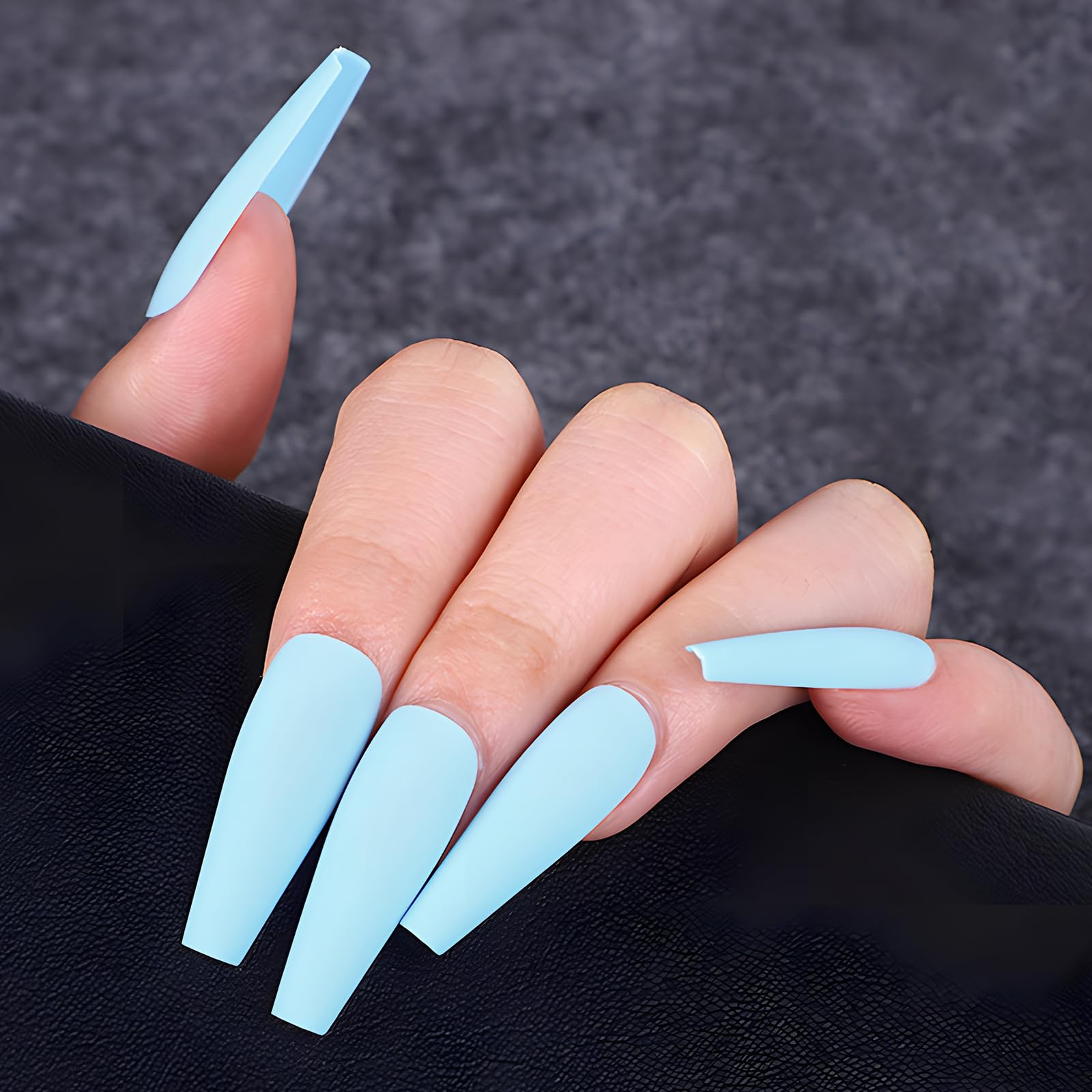 Photo 1 of LuckForever 100pc Long Press on Nails Coffin Fake Nails Matte Coffin Press on Nails Medium Ballerina False Nail Baby Blue Colored Full Cover Nail Tips Acrylic Presson Nail Women Girls Manicure DIY