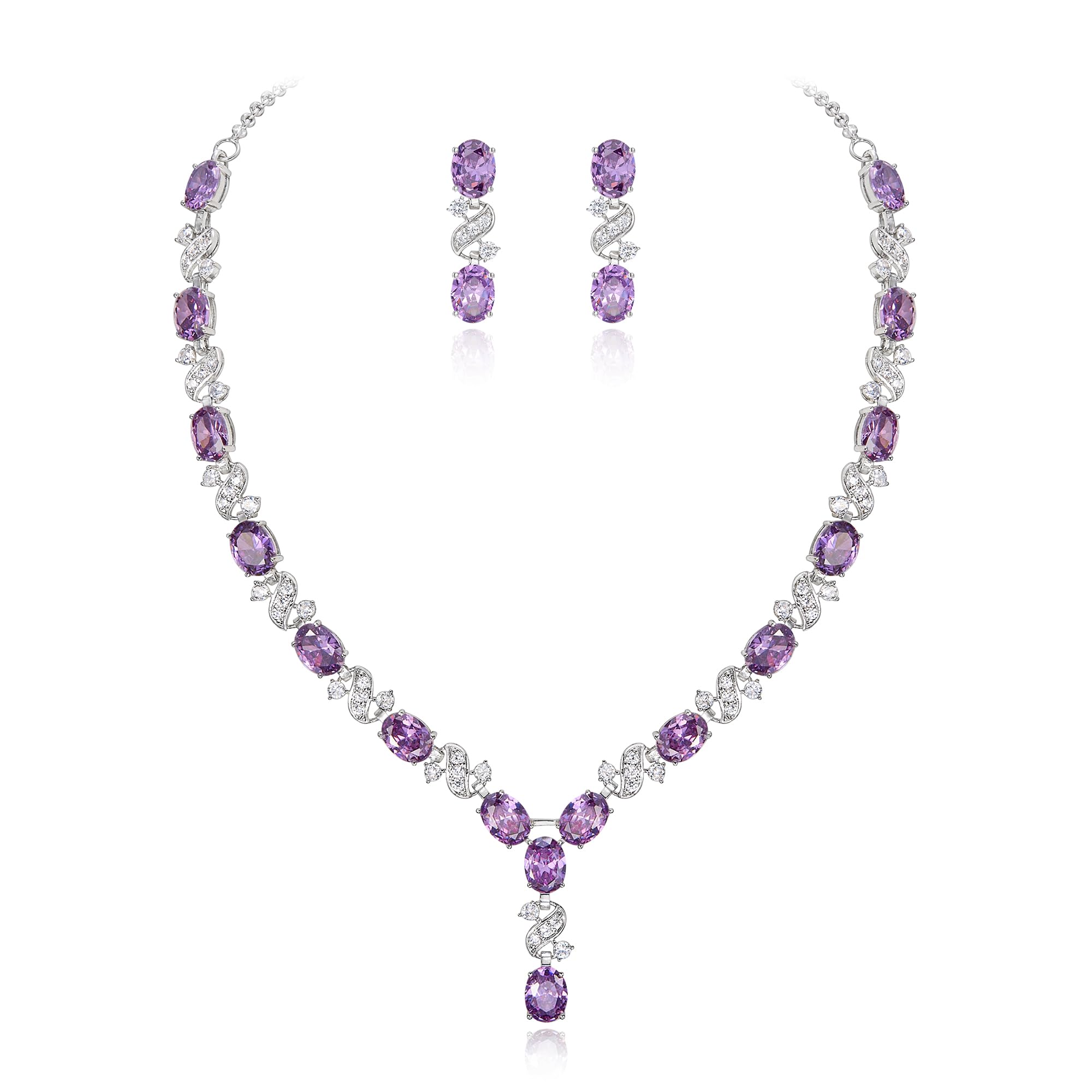 Clearine Women's Wedding Bridal Cubic Zirconia Infinity Y-Shape Tennis Necklace Dangle Earrings Set Amethyst Silver-Tone