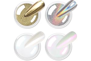 Allstarry Chrome Nail Powder 4pcs White Pearl Chrome Pigment Powder Iridescent Holographic Nail Glitter Dust Metallic Mirror Effect Pigment for Nail Gel Manicure DIY at Home Salon Women Gifts
