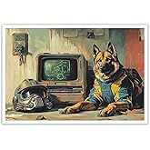 ECUASMR Fallout Inspired German Shepherd Companion Artwork Poster - Canvas Wall Art Decoration for Any Room - Power Armor Helmet Poster Print 12X16 in Unframed