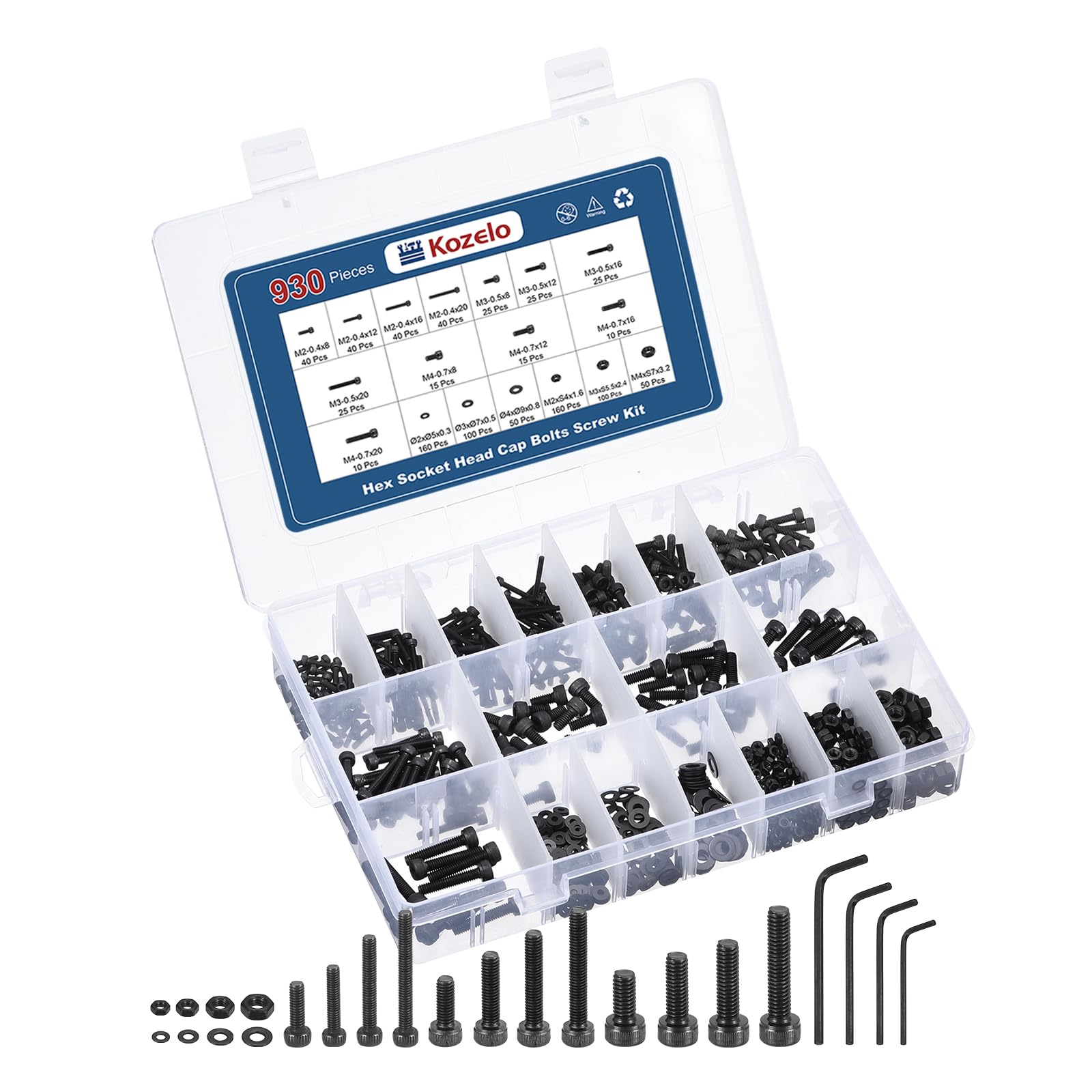Kozelo 930pcs Socket Head Cap Screws Bolts Nuts Assortment Kit - [M2/M3/M4] Alloy Steel Black Oxide 12.9 Internal Hex Screw for 3D Printer Use