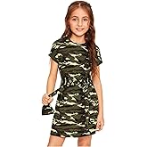 WDIRARA Girl's Camo Print Tie Front Round Neck Short Sleeve T Shirt Dress