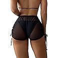 Falainetee Women's Drawstring Side Mesh Sheer Beach Summer Cover Up Shorts Bikini Bottoms