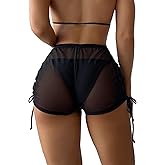 Falainetee Women's Drawstring Side Mesh Sheer Beach Summer Cover Up Shorts Bikini Bottoms