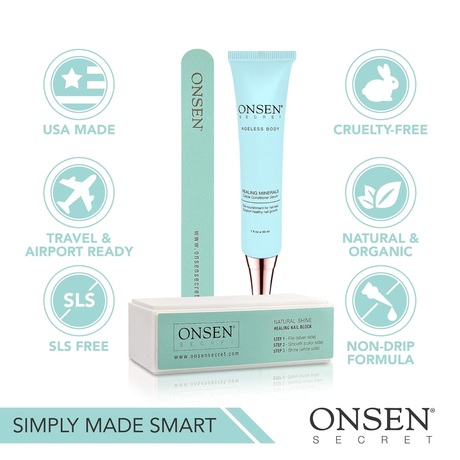 Onsen Japanese Nail Buffer and Shine Kit - Professional Nail File, 3-Way Nail Buffer Block with Free Replacement Pads and Nail Strengthening Cuticle Cream for Healthy Nails, Travel Size Nail Care Kit : Beauty