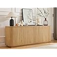 LKTART 64" Sideboard Buffet Cabinet with Storage, Wooden Fluted Storage Cabinet Sideboard with Adjustable Shelves Pressed Spring for Kitchen Living Room (Natural Oak)