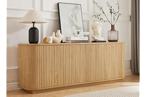 LKTART 64" Sideboard Buffet Cabinet with Storage, Wooden Fluted Storage Cabinet Sideboard Credenza with Adjustable Shelves Pressed Spring for Kitchen Living Room (Natural Oak)